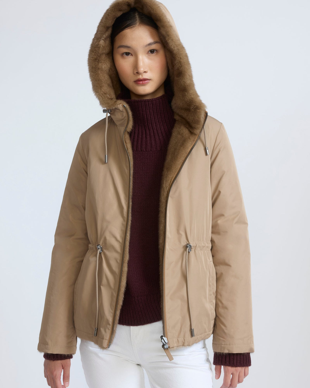 Reversible water-repellent technical fabric hooded jacket with mink fur