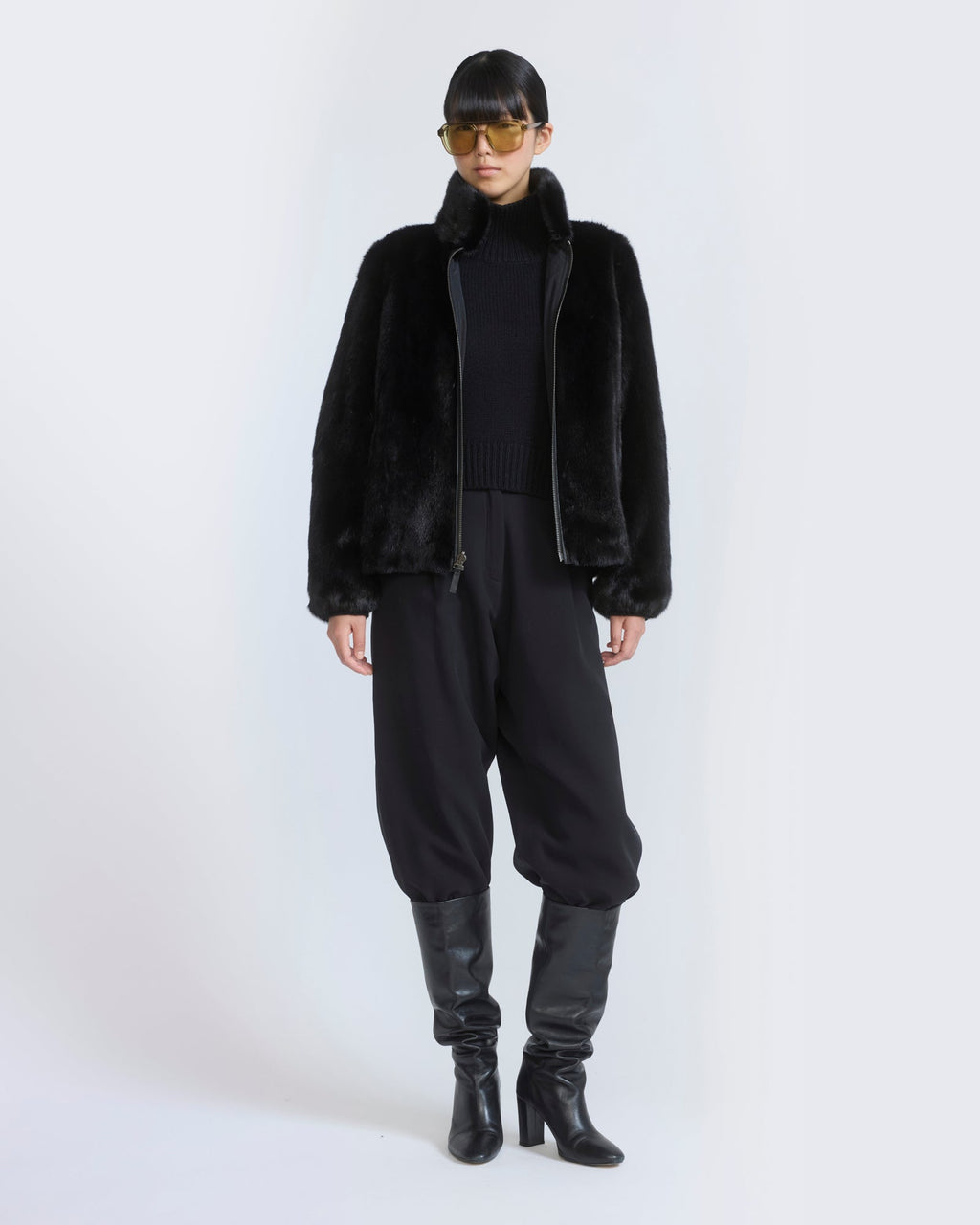 Reversible water-repellent technical fabric bomber with mink fur