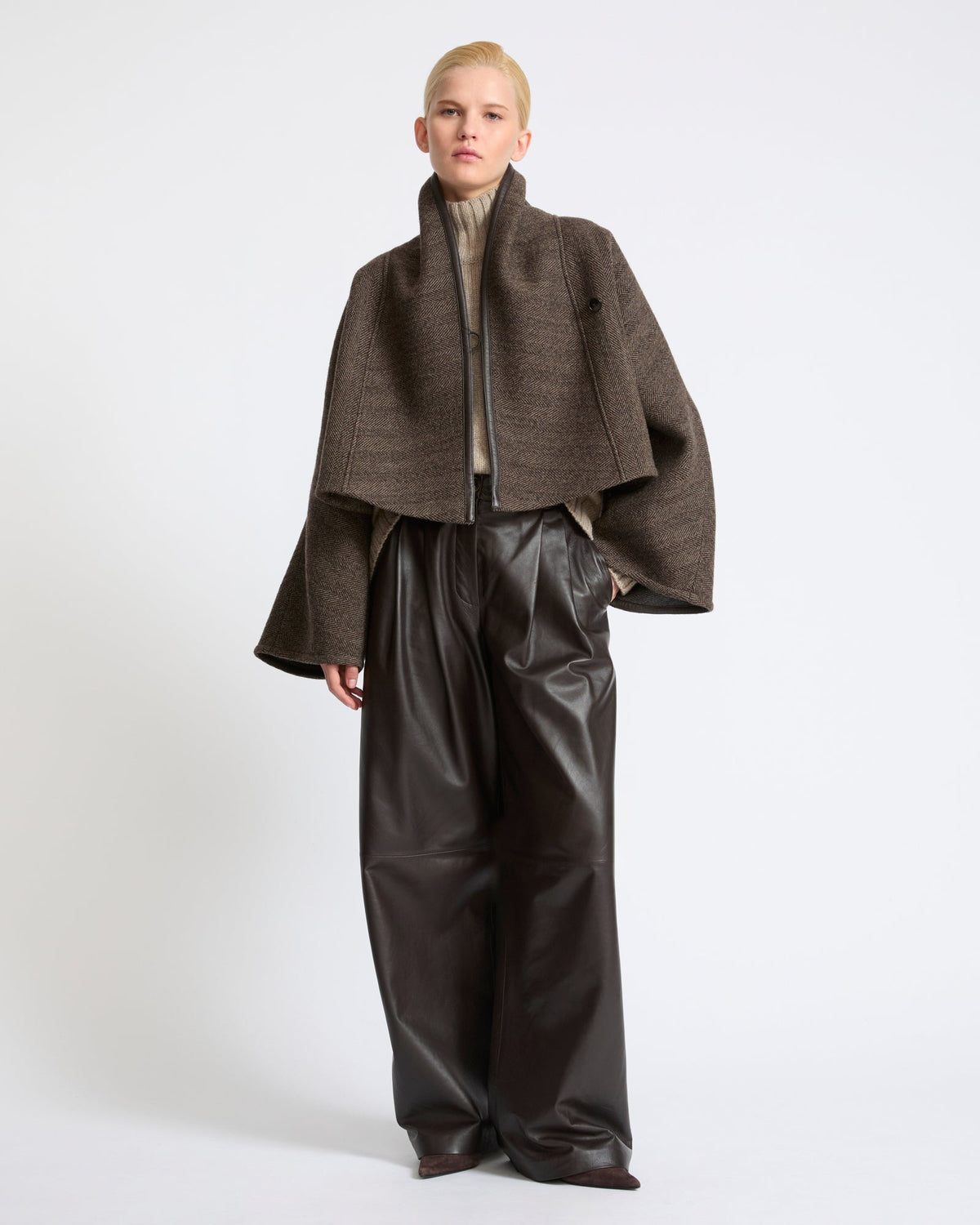 Herringbone double-sided wool cape jacket