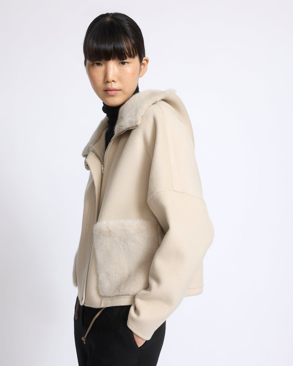 Double-sided cashmere wool hooded jacket with mink fur