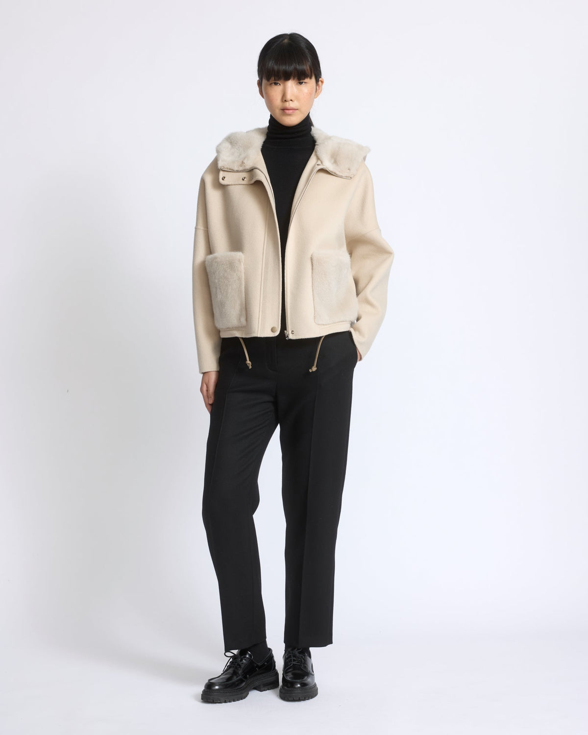 Double-sided cashmere wool hooded jacket with mink fur