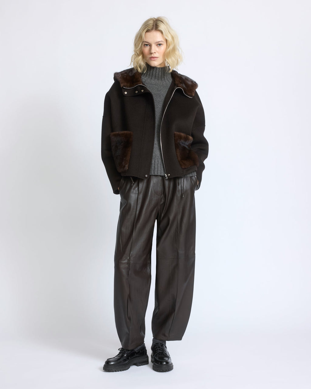 Double-sided cashmere wool hooded jacket with mink fur