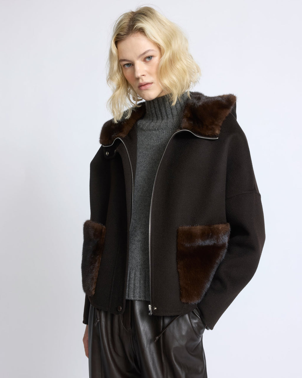 Double-sided cashmere wool hooded jacket with mink fur