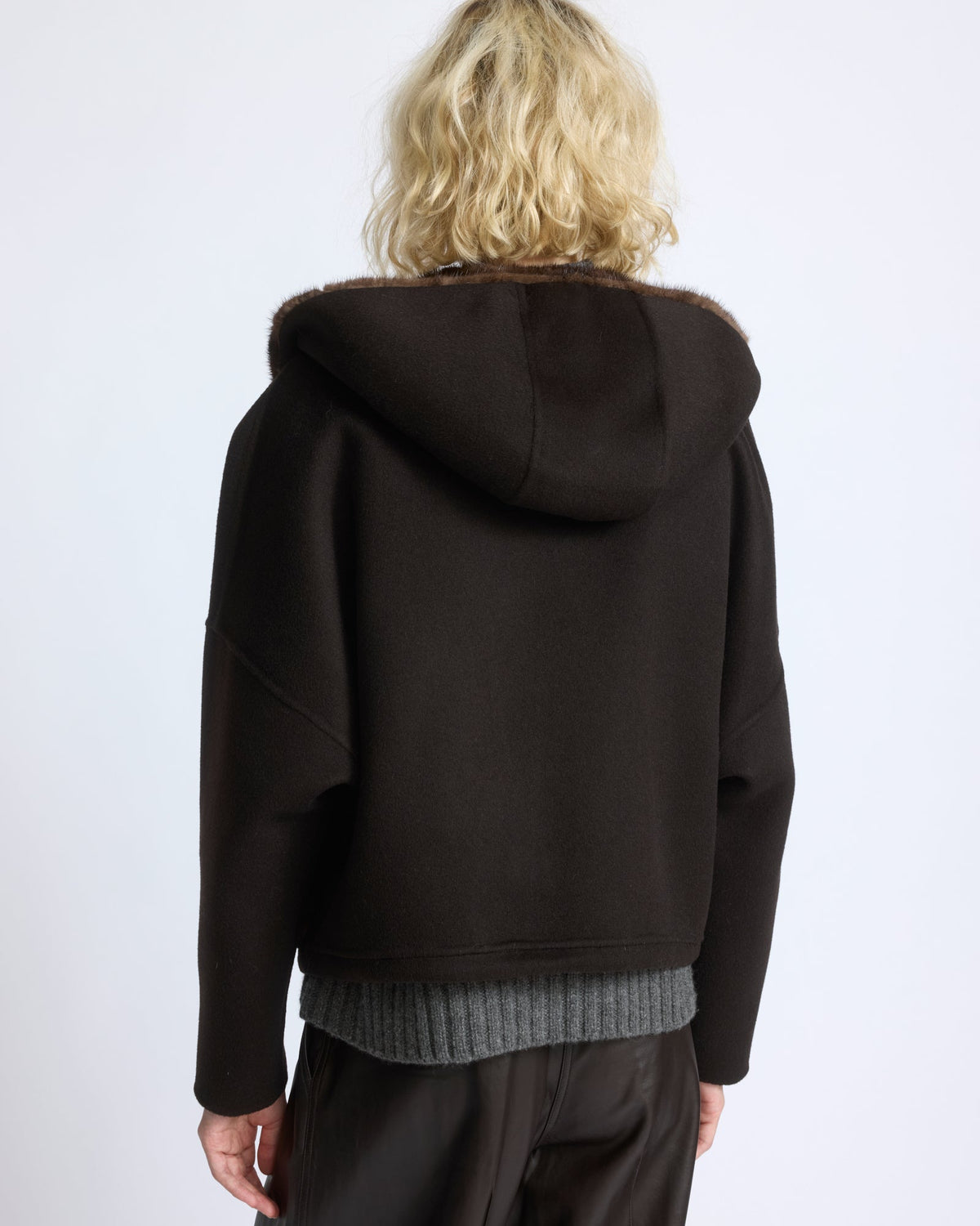 Double-sided cashmere wool hooded jacket with mink fur