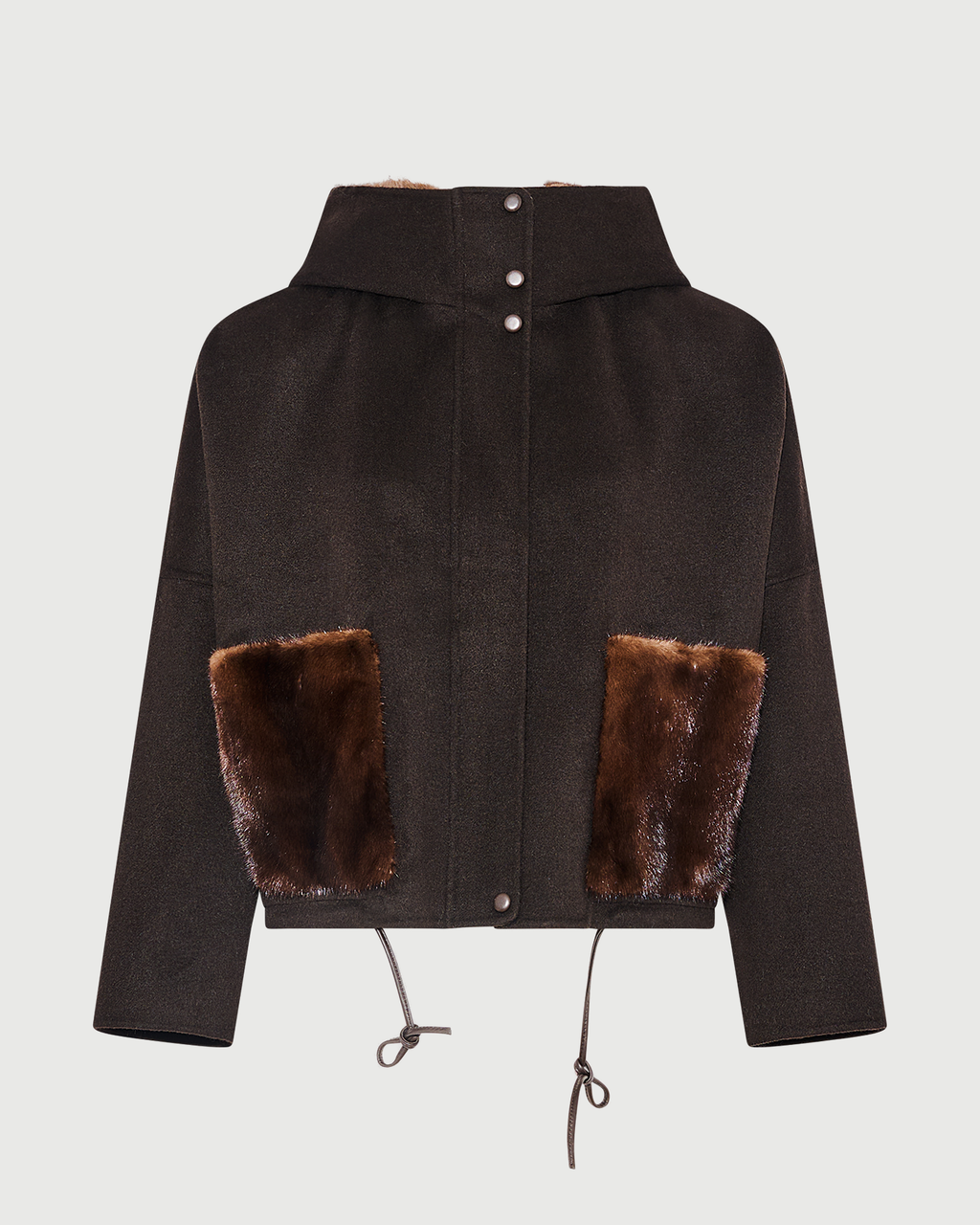 Double-sided cashmere wool hooded jacket with mink fur