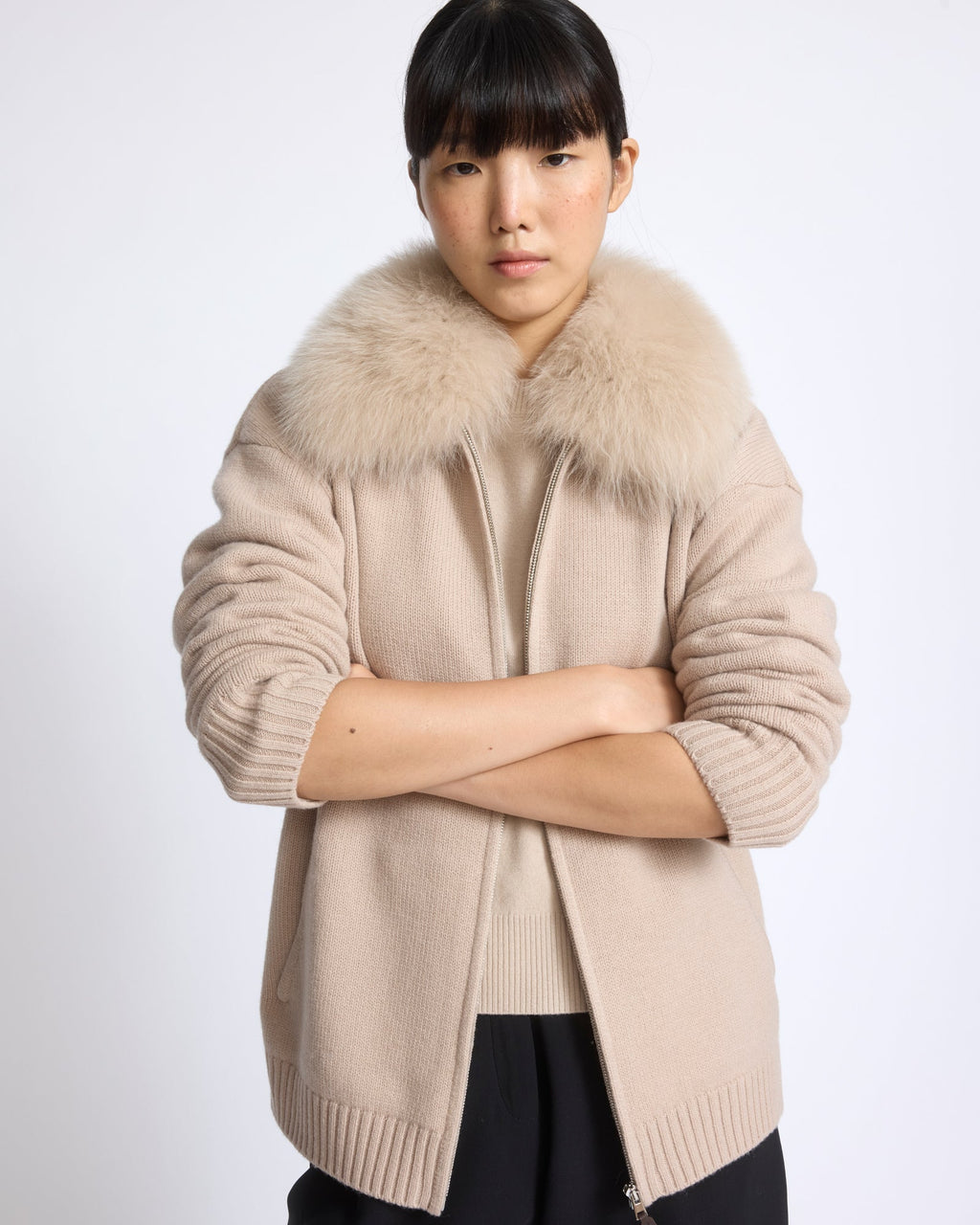 Merino knit jacket with fox fur