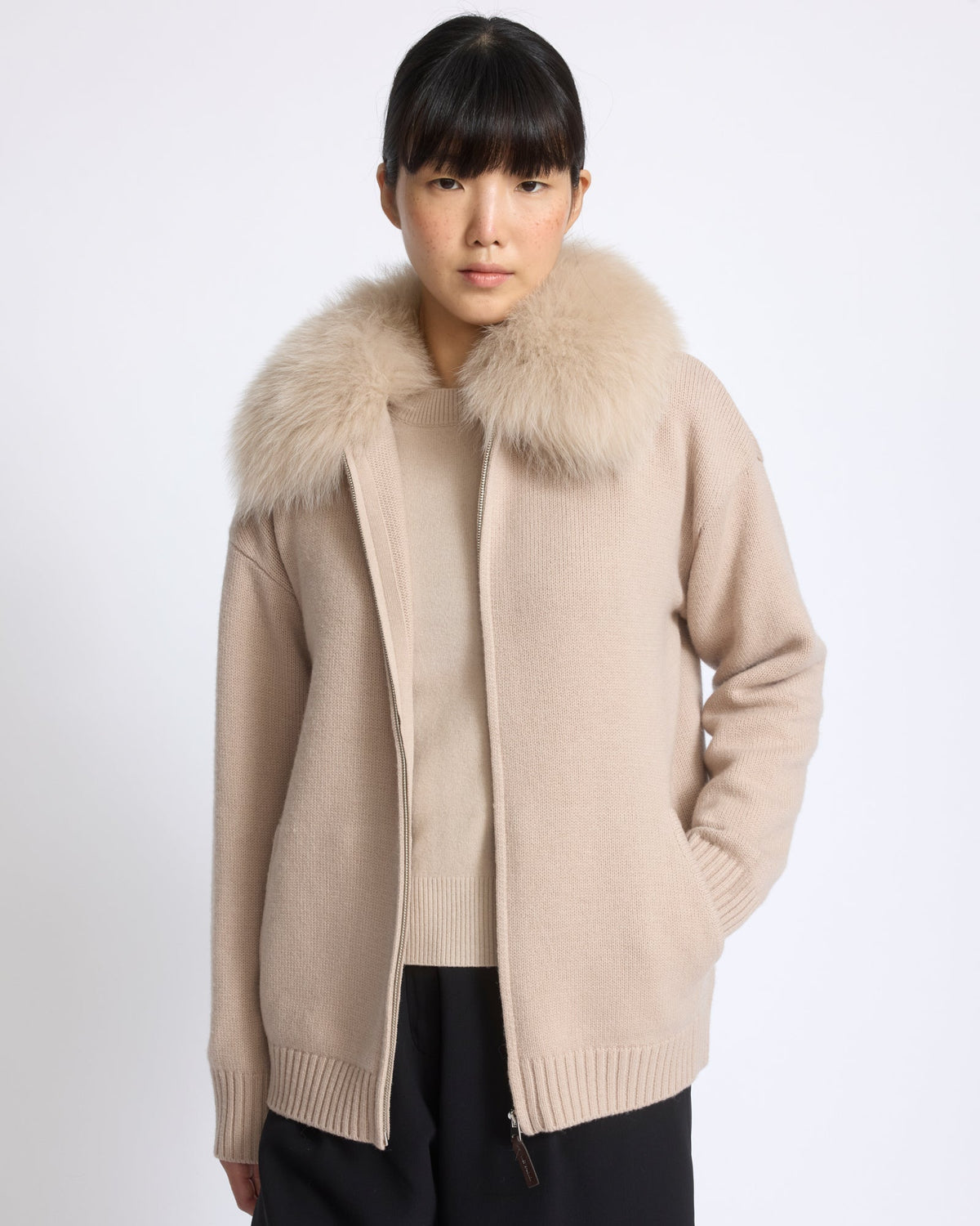Merino knit jacket with fox fur