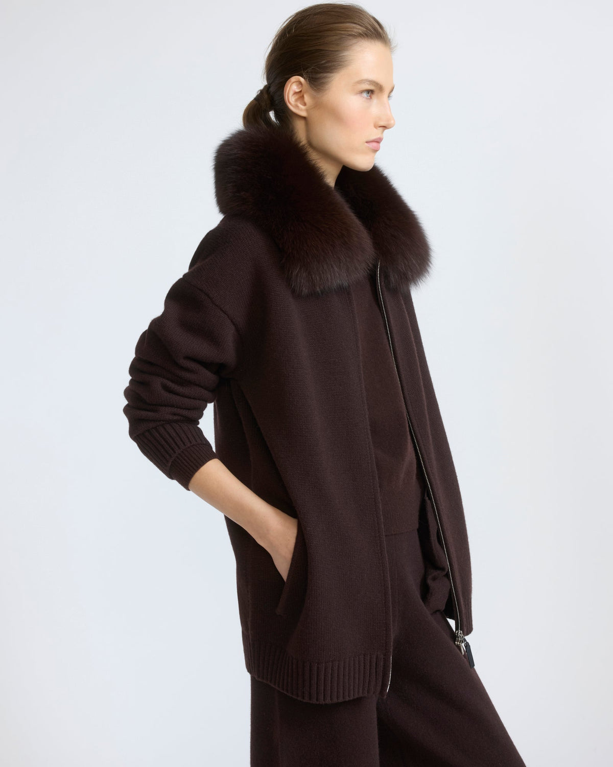 Merino knit jacket with fox fur