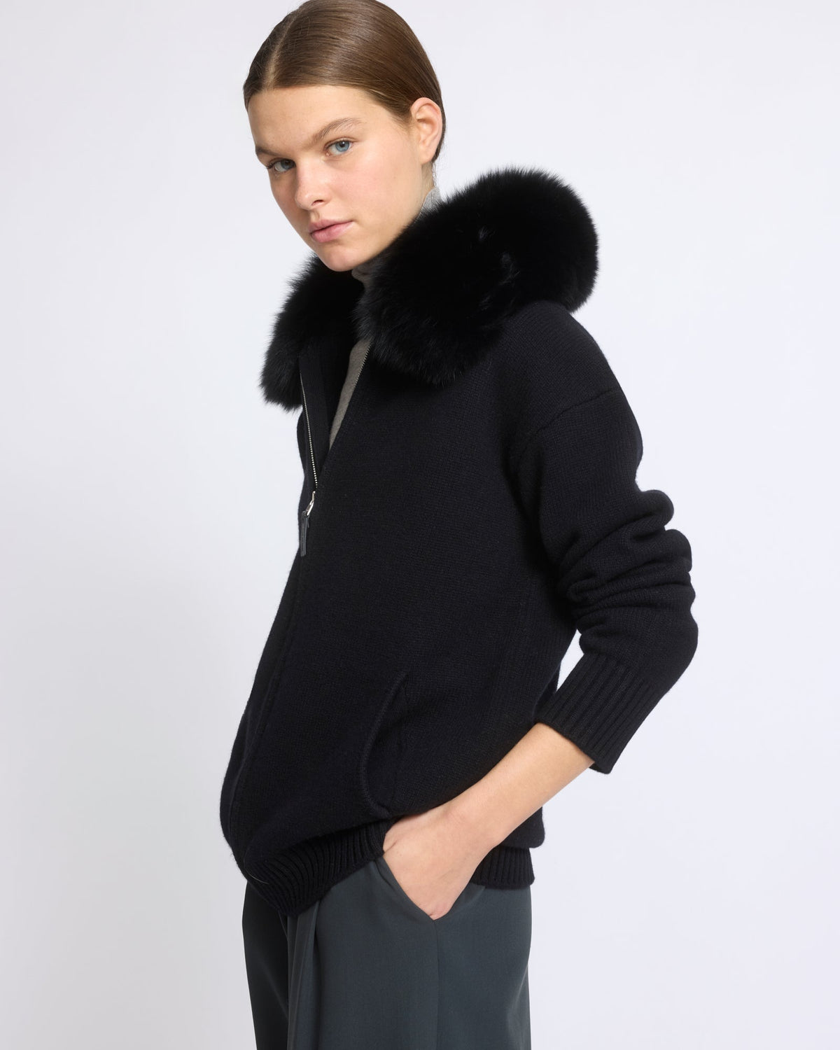 Merino knit jacket with fox fur