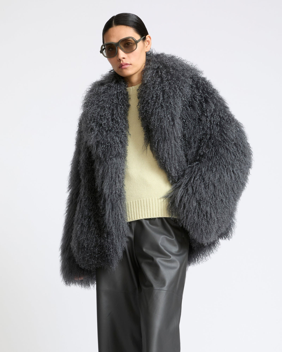 Merino knit jacket with curly long hair lambskin shearling