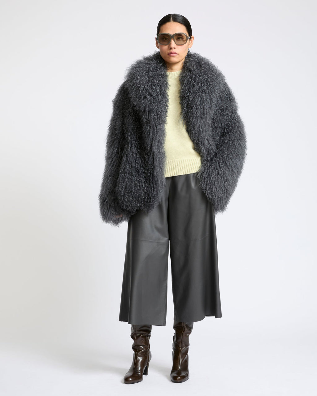 Merino knit jacket with curly long hair lambskin shearling