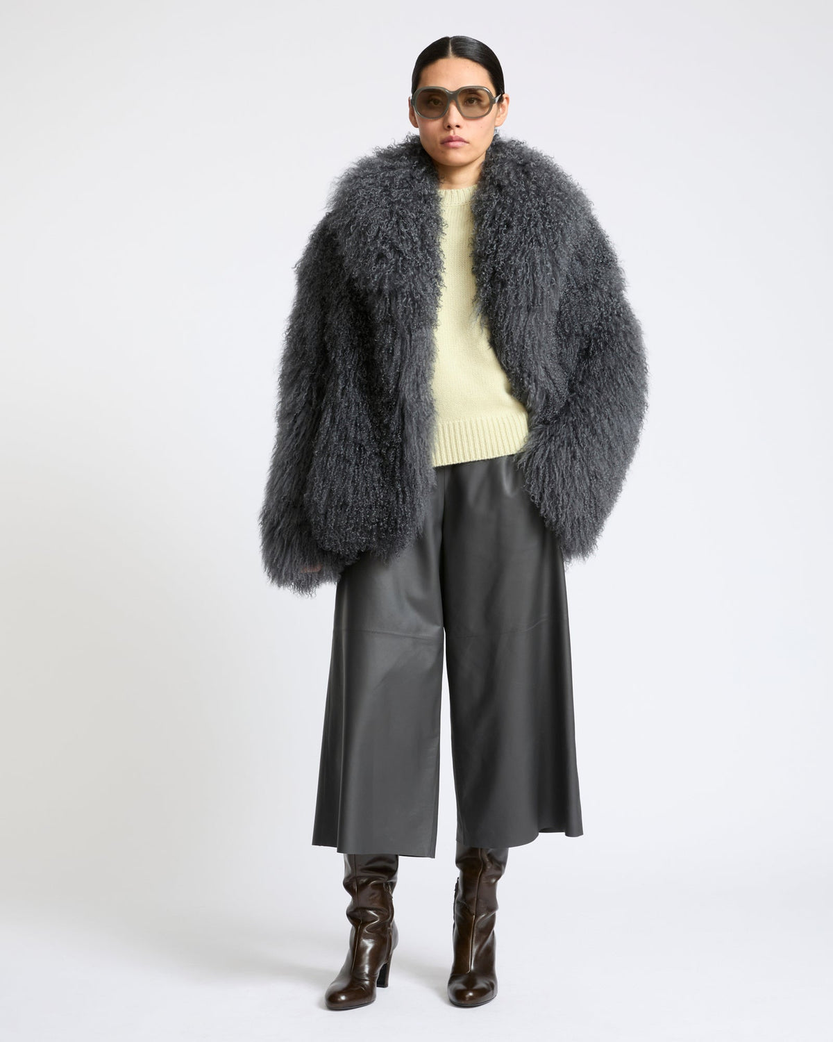 Merino knit jacket with curly long hair lambskin shearling
