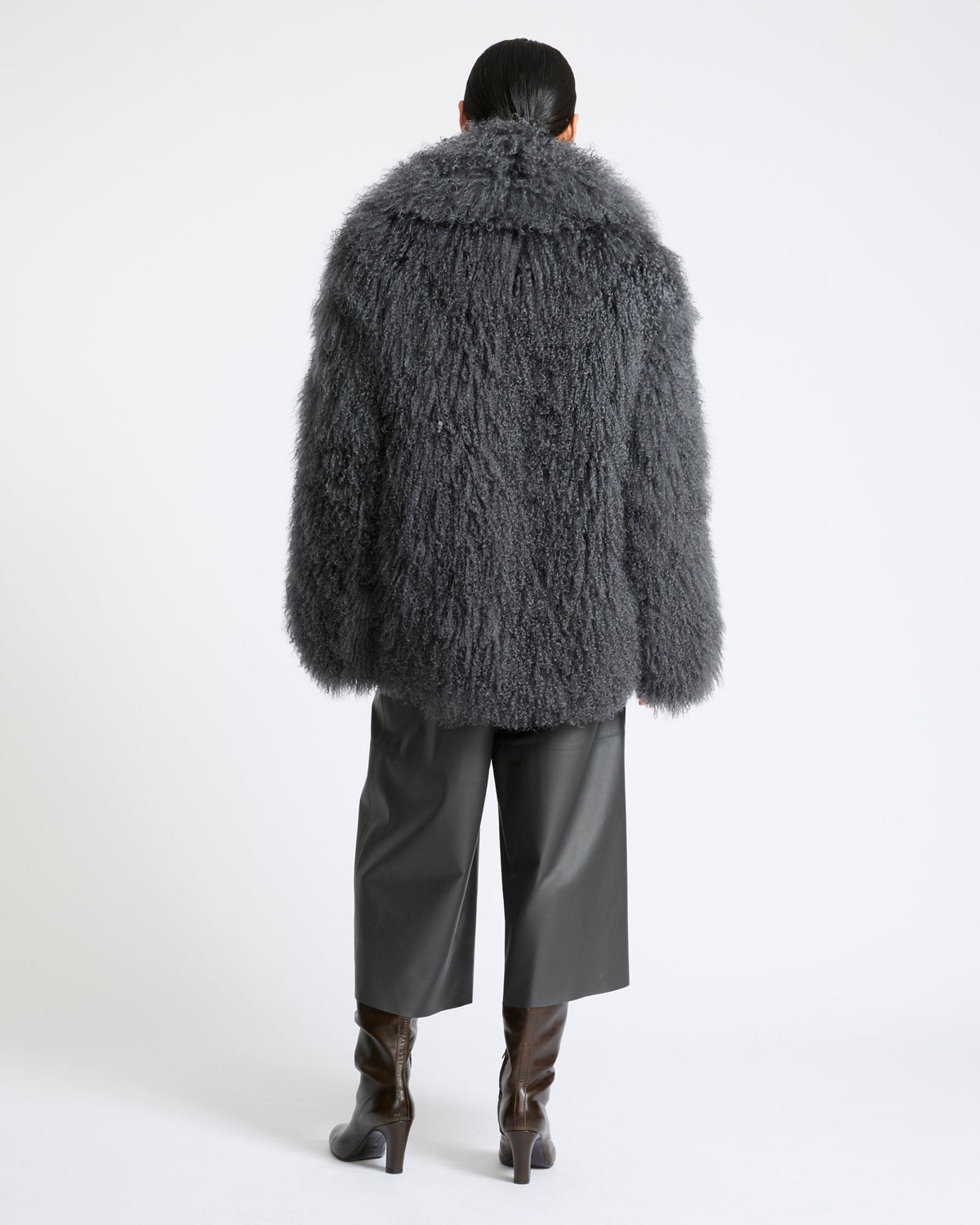 Merino knit jacket with curly long hair lambskin shearling