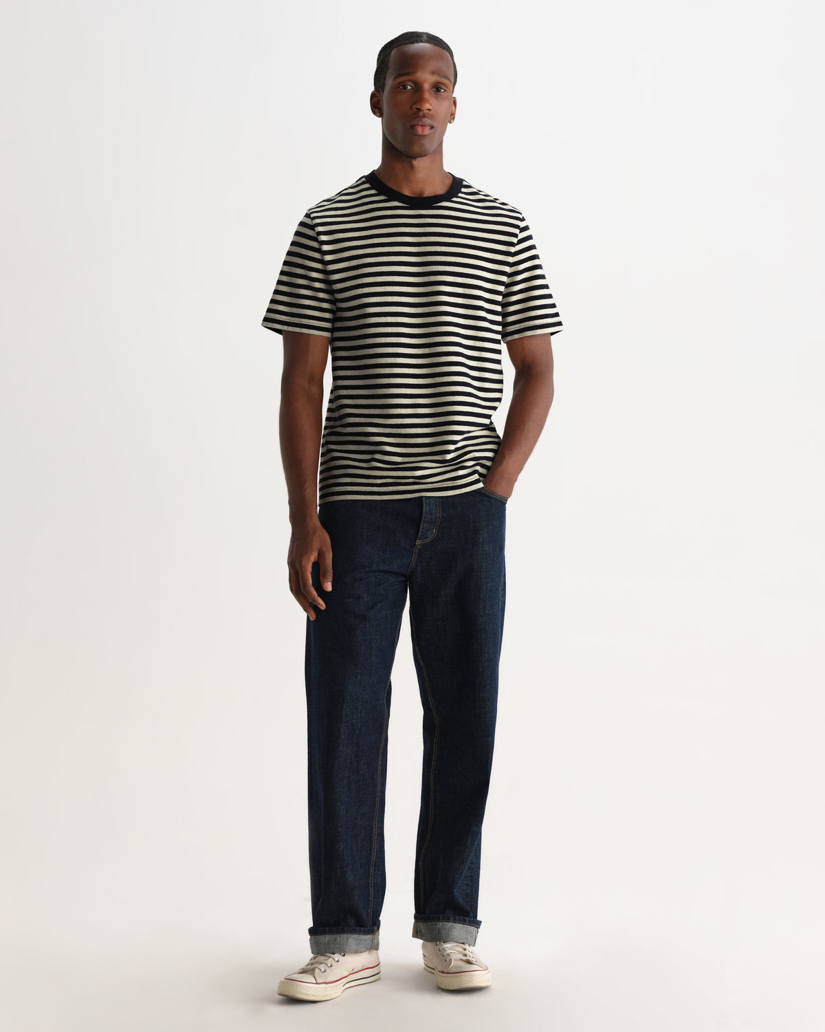 Dean - Navy And Ecru Striped Textured Organic Cotton T-Shirt
