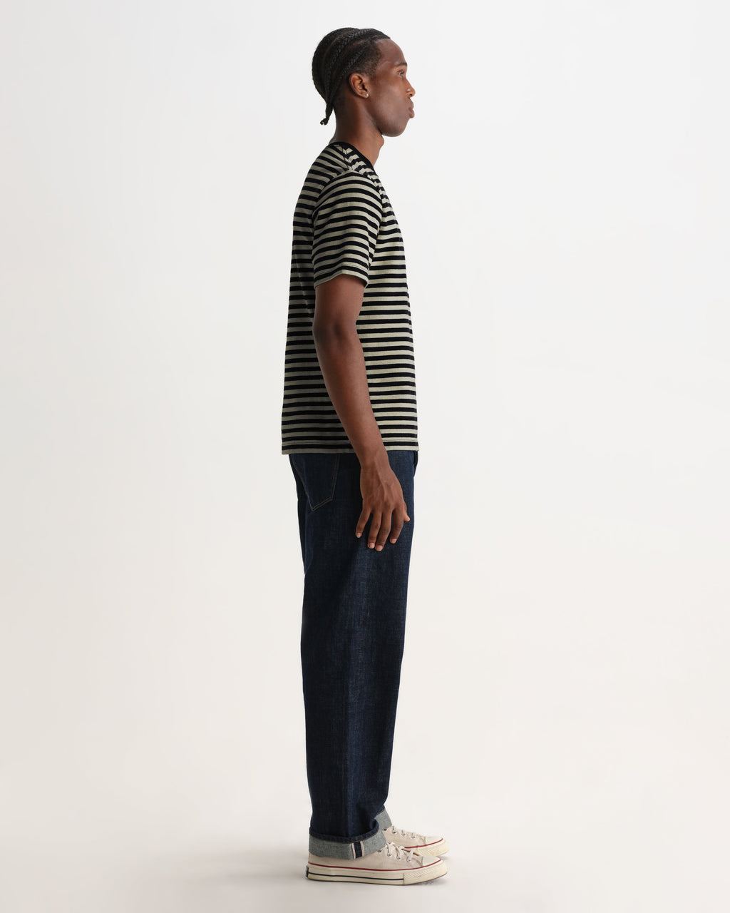 Dean - Navy And Ecru Striped Textured Organic Cotton T-Shirt