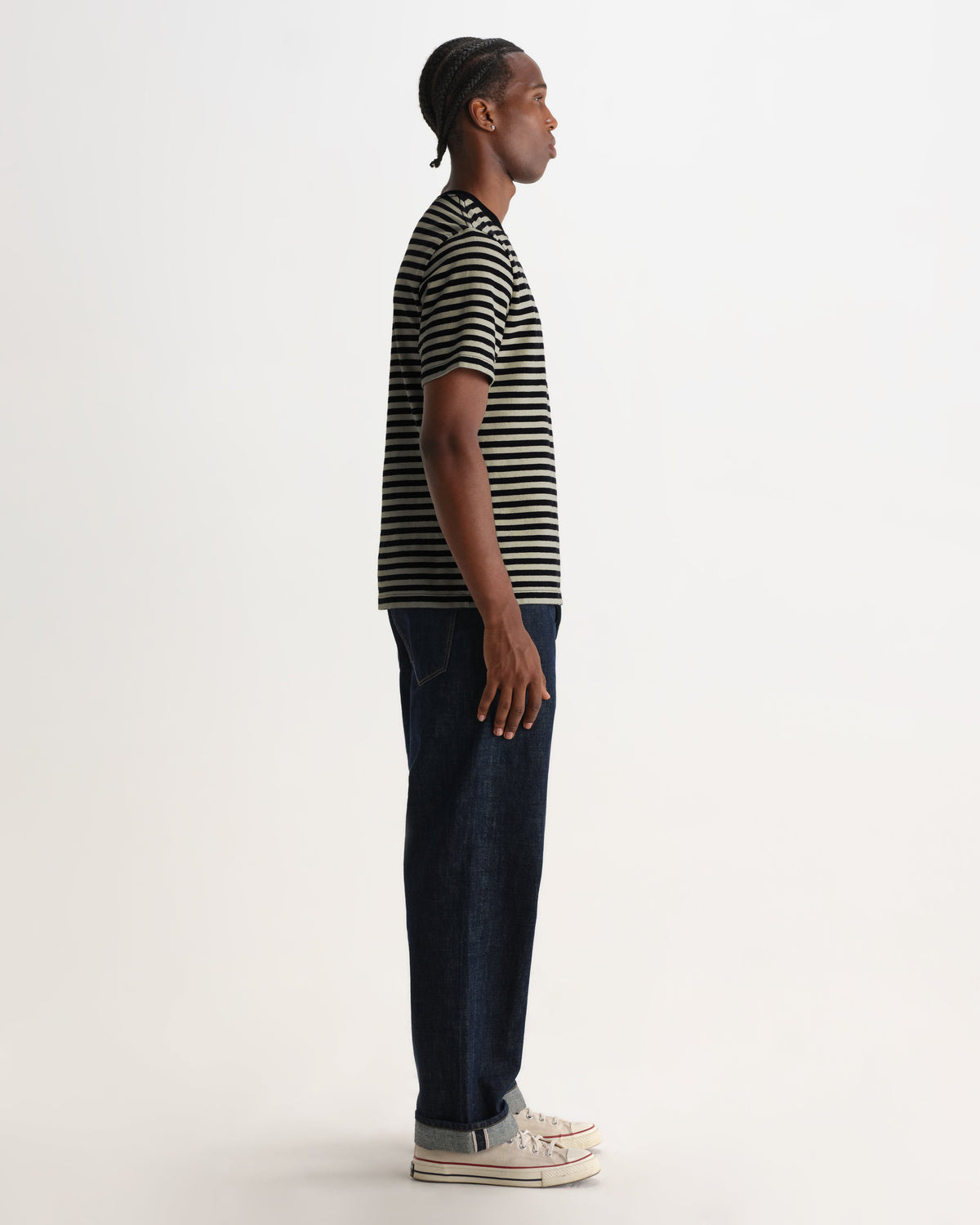 Dean - Navy And Ecru Striped Textured Organic Cotton T-Shirt