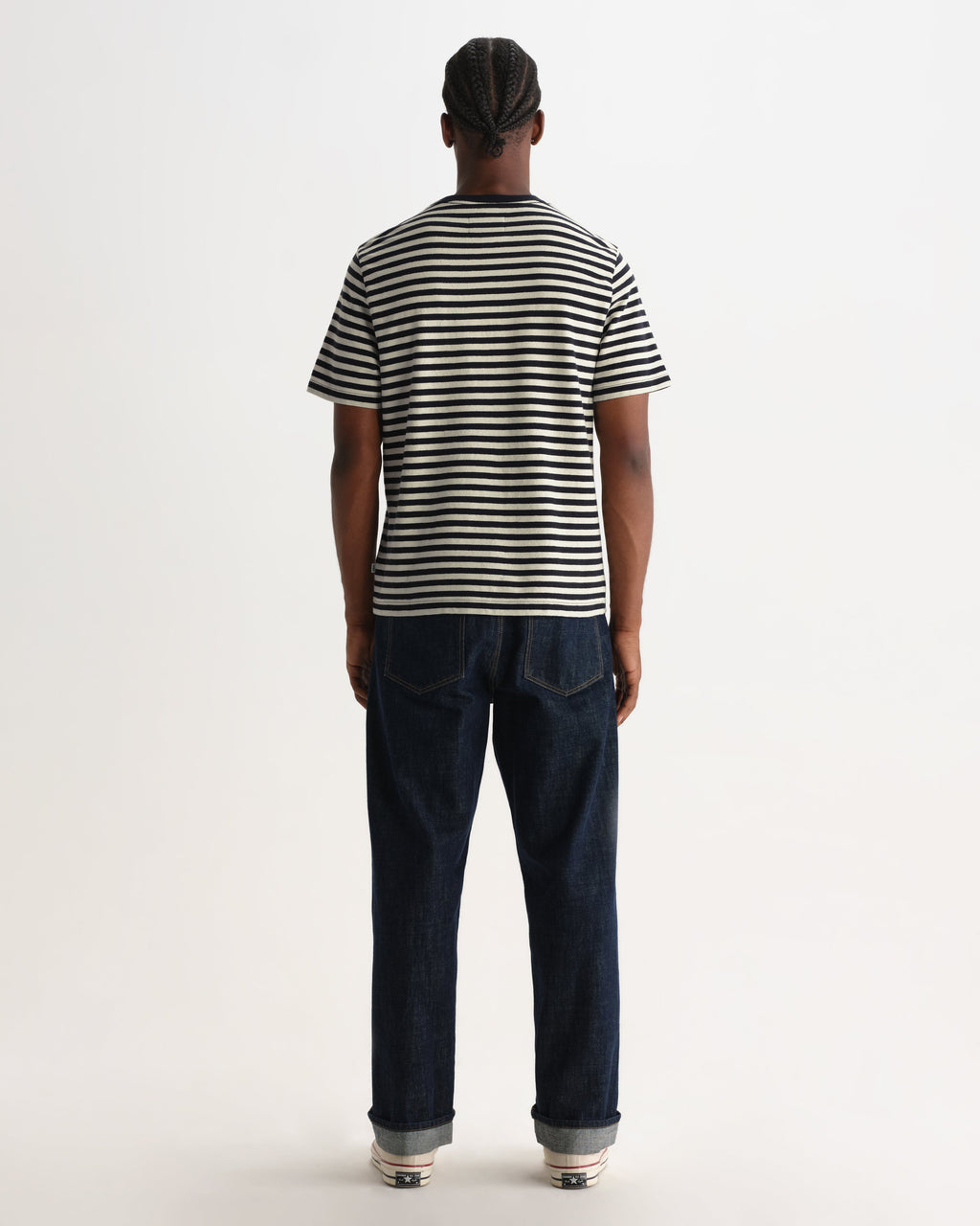 Dean - Navy And Ecru Striped Textured Organic Cotton T-Shirt