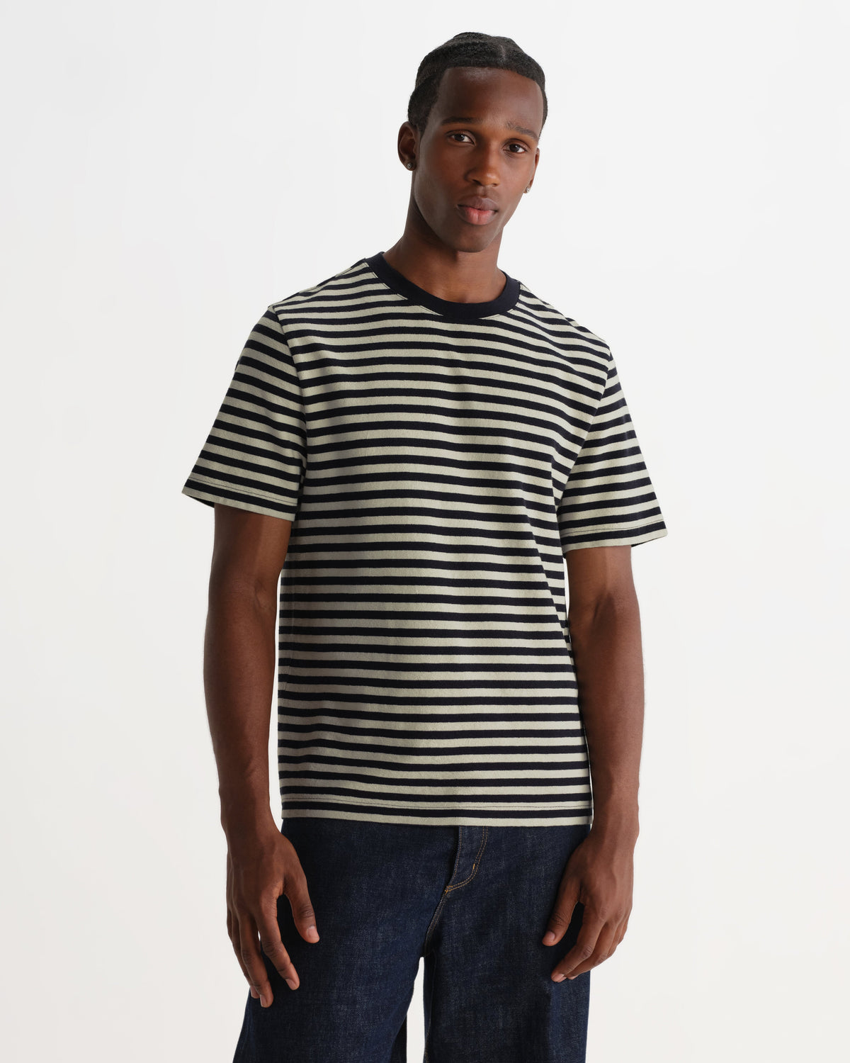 Dean - Navy And Ecru Striped Textured Organic Cotton T-Shirt