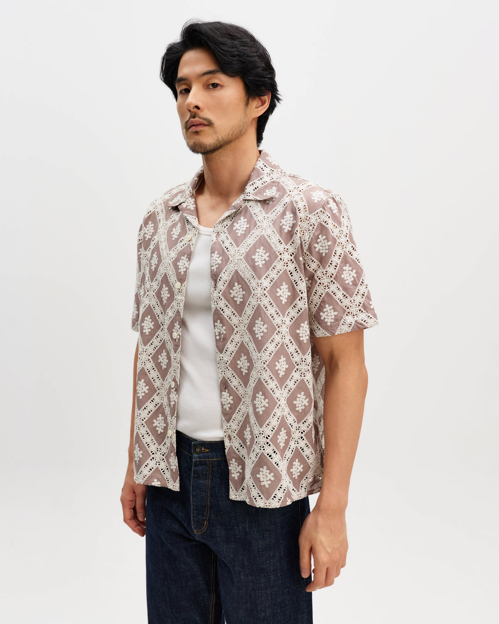 Didcot - Taupe And Ecru Diamond Lace Short-Sleeve Shirt
