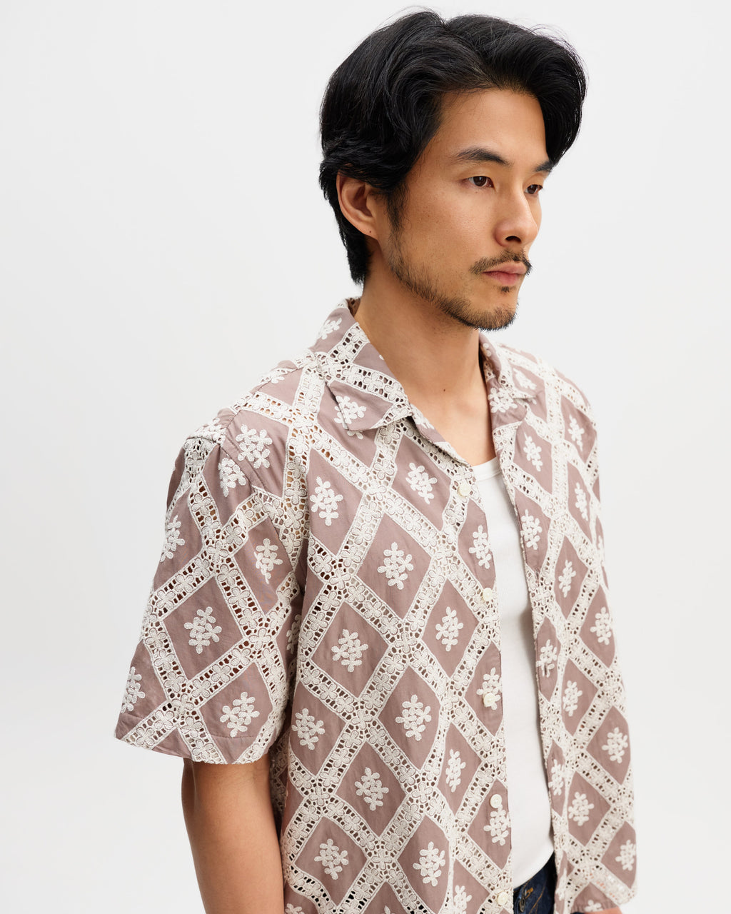 Didcot - Taupe And Ecru Diamond Lace Short-Sleeve Shirt
