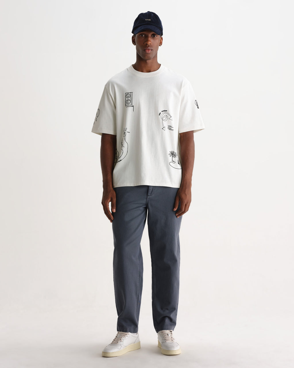 Milton - Ecru And Navy Doodle Graphic Organic Cotton T-Shirt