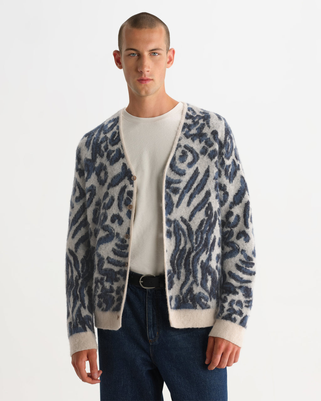 Alban - Ecru And Navy Abstract Animal Print Knit Cardigan