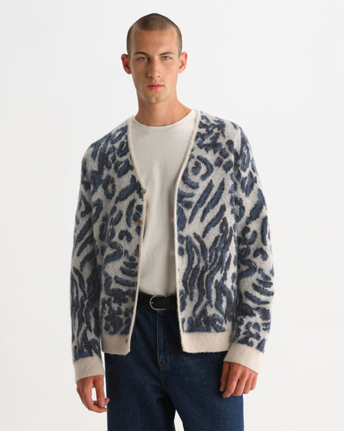 Alban - Ecru And Navy Abstract Animal Print Knit Cardigan