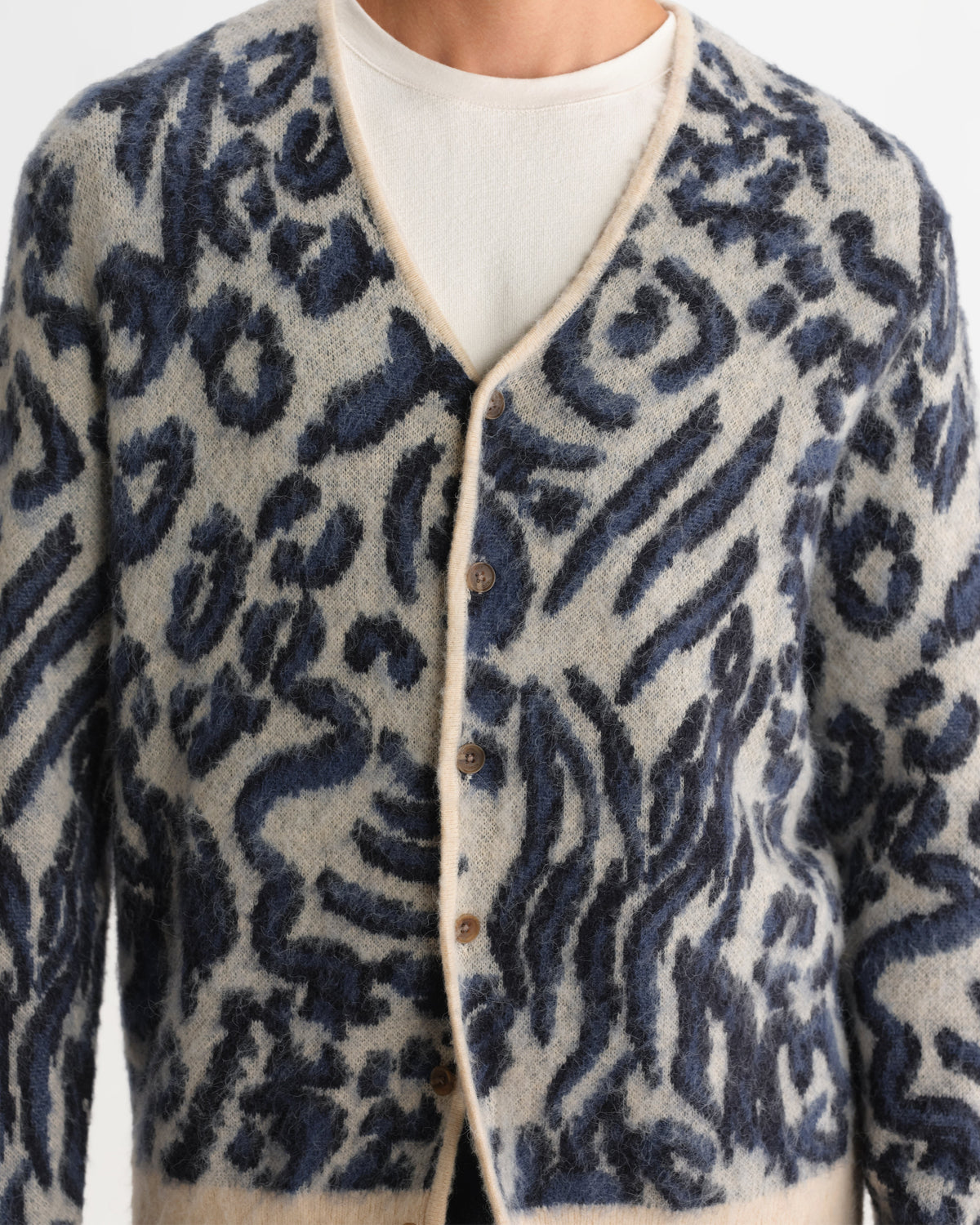 Alban - Ecru And Navy Abstract Animal Print Knit Cardigan