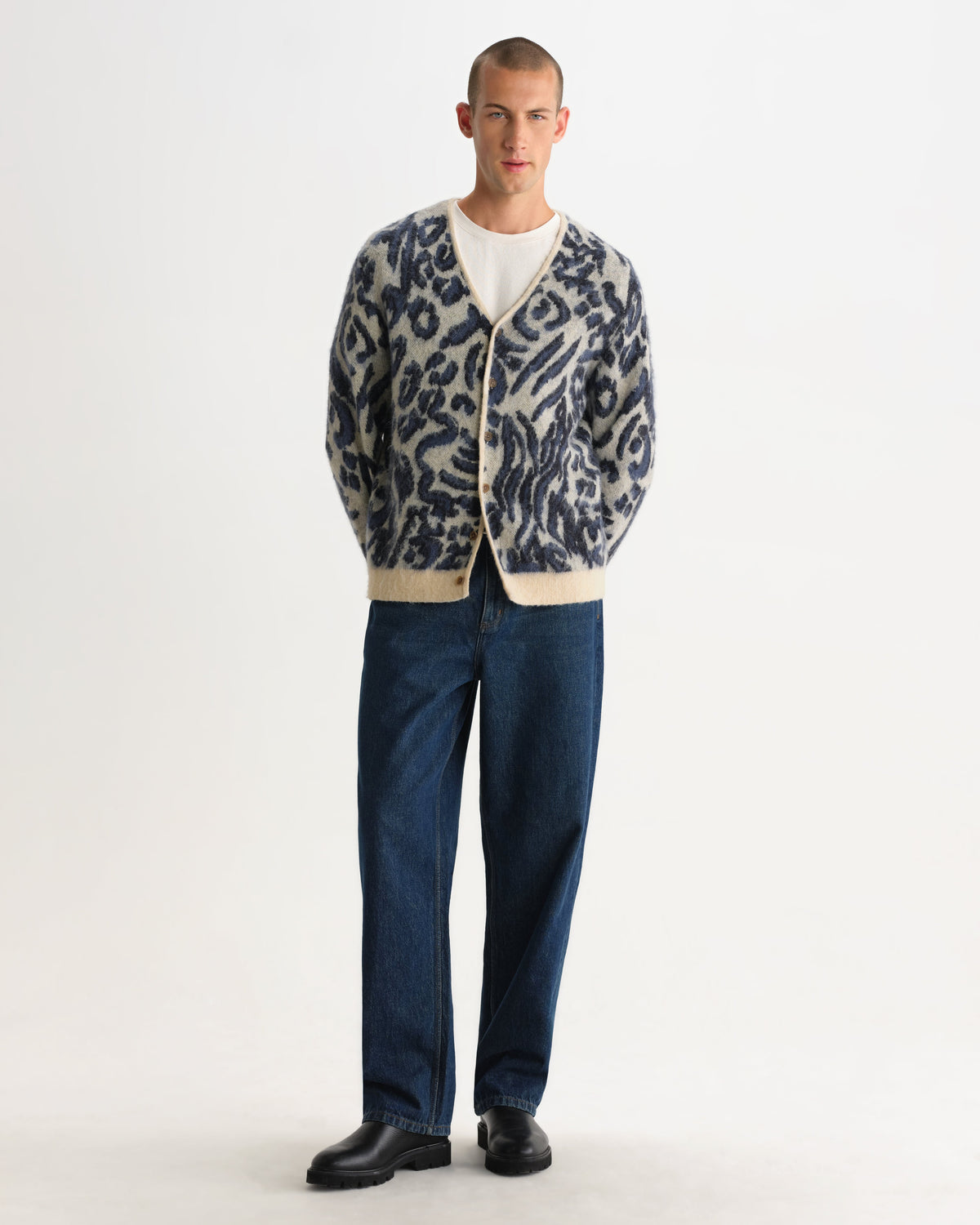 Alban - Ecru And Navy Abstract Animal Print Knit Cardigan