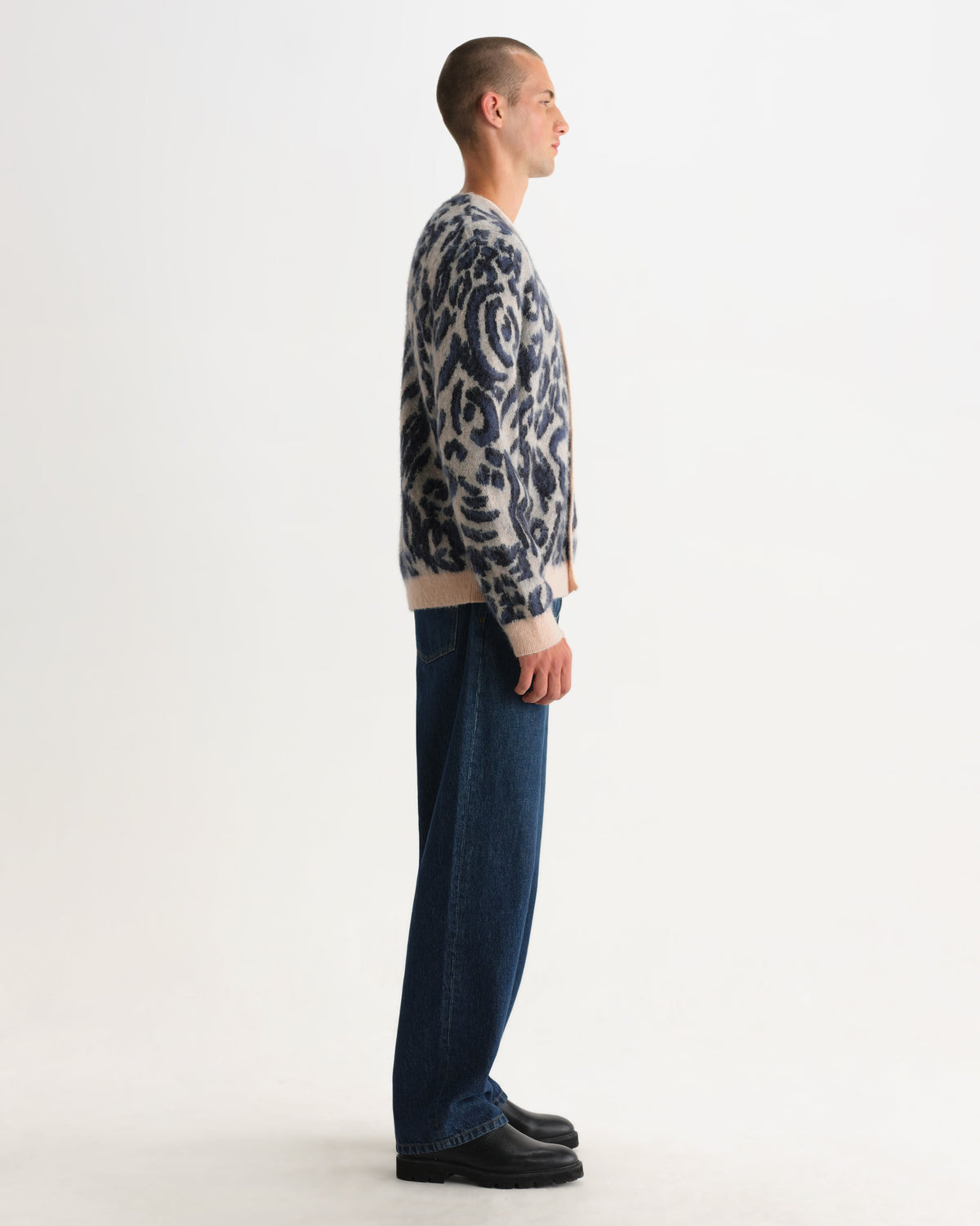 Alban - Ecru And Navy Abstract Animal Print Knit Cardigan