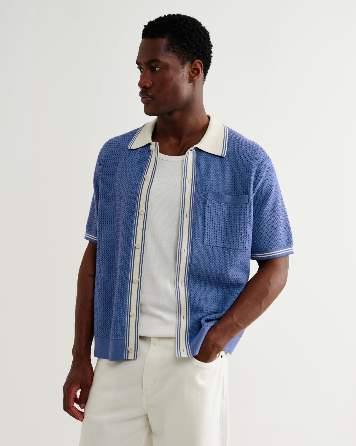 Belle - Blue Tipped Pointelle Polo Shirt