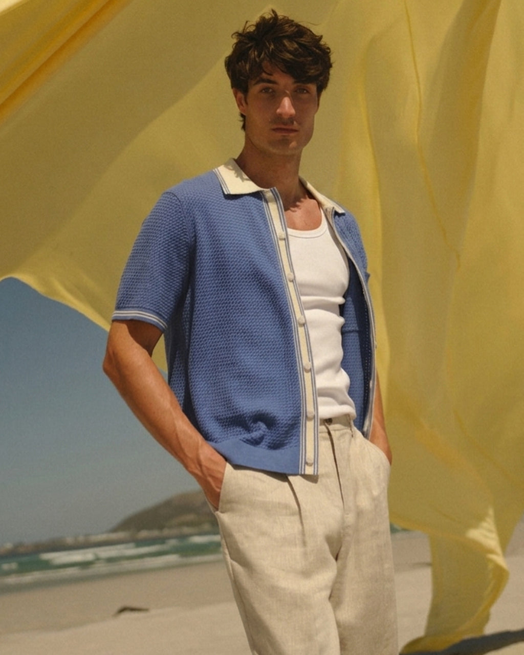 Belle - Blue Tipped Pointelle Polo Shirt