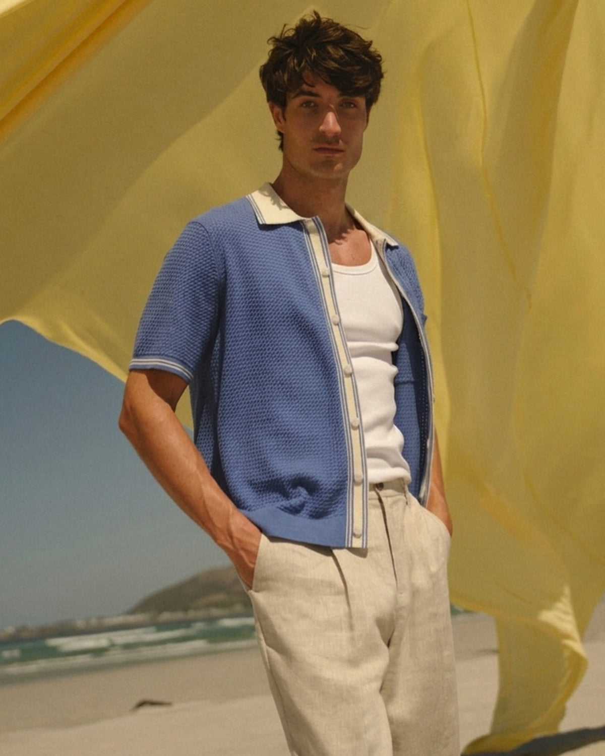 Belle - Blue Tipped Pointelle Polo Shirt