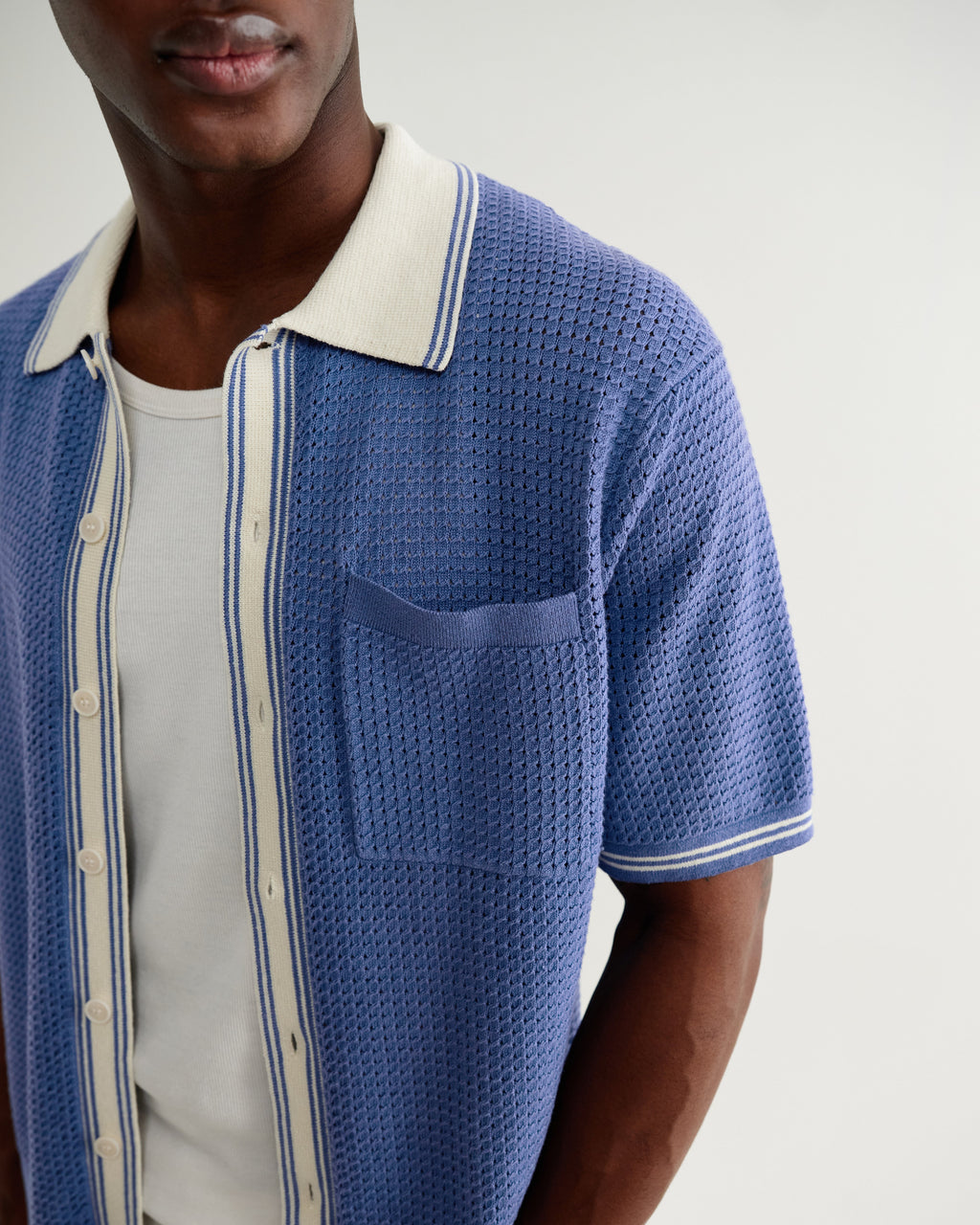 Belle - Blue Tipped Pointelle Polo Shirt