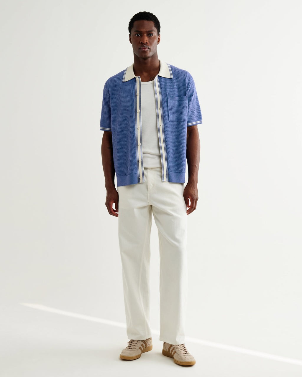 Belle - Blue Tipped Pointelle Polo Shirt