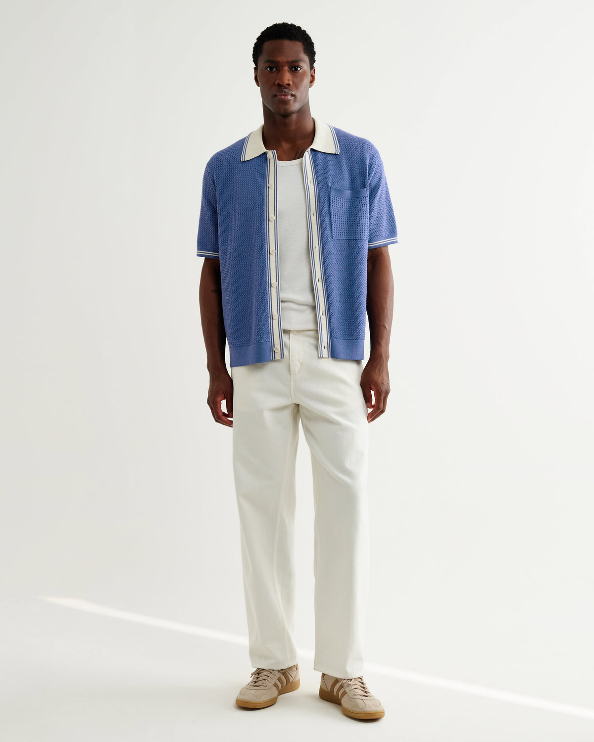 Belle - Blue Tipped Pointelle Polo Shirt