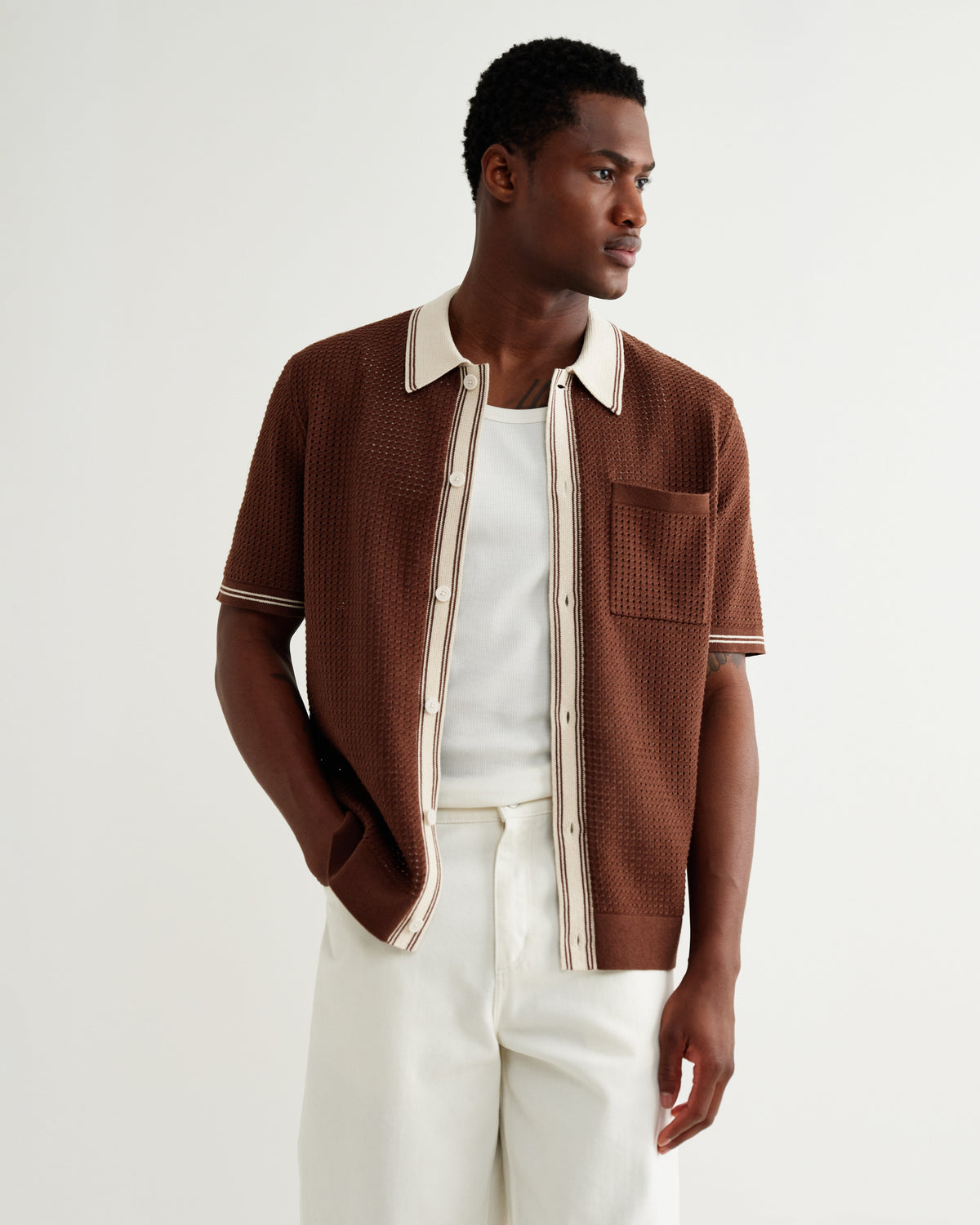 Belle - Dark Brown Tipped Pointelle Polo Shirt