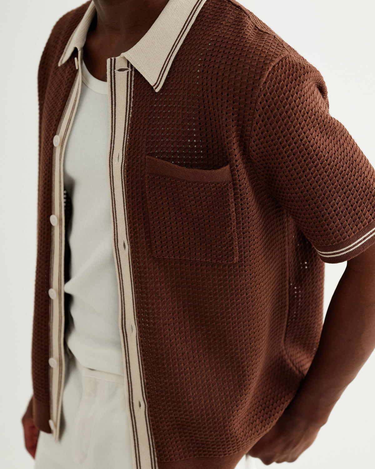 Belle - Dark Brown Tipped Pointelle Polo Shirt