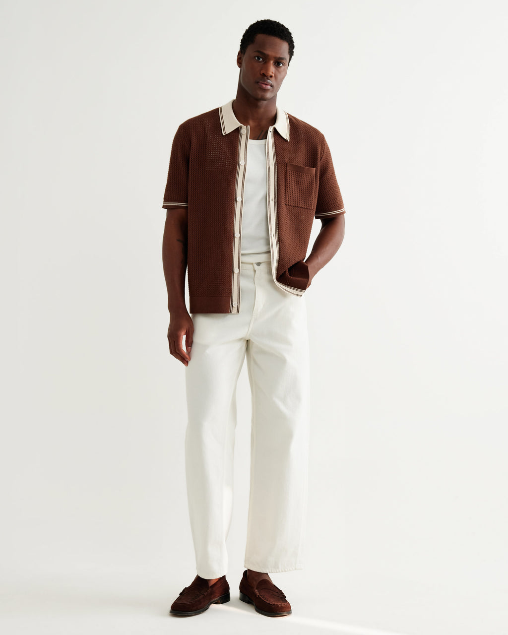 Belle - Dark Brown Tipped Pointelle Polo Shirt