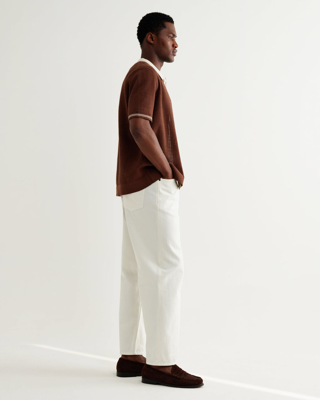 Belle - Dark Brown Tipped Pointelle Polo Shirt