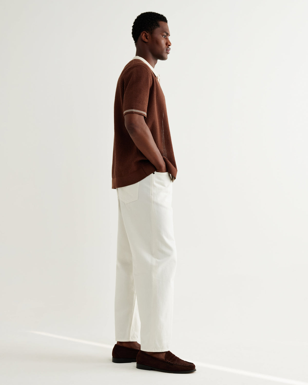 Belle - Dark Brown Tipped Pointelle Polo Shirt
