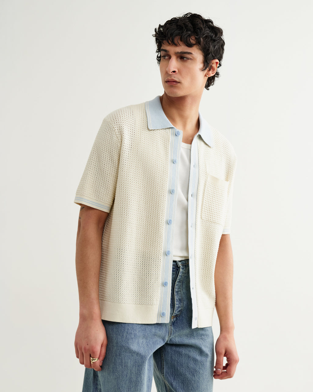 Belle - Ecru Blue Tipped Pointelle Polo Shirt