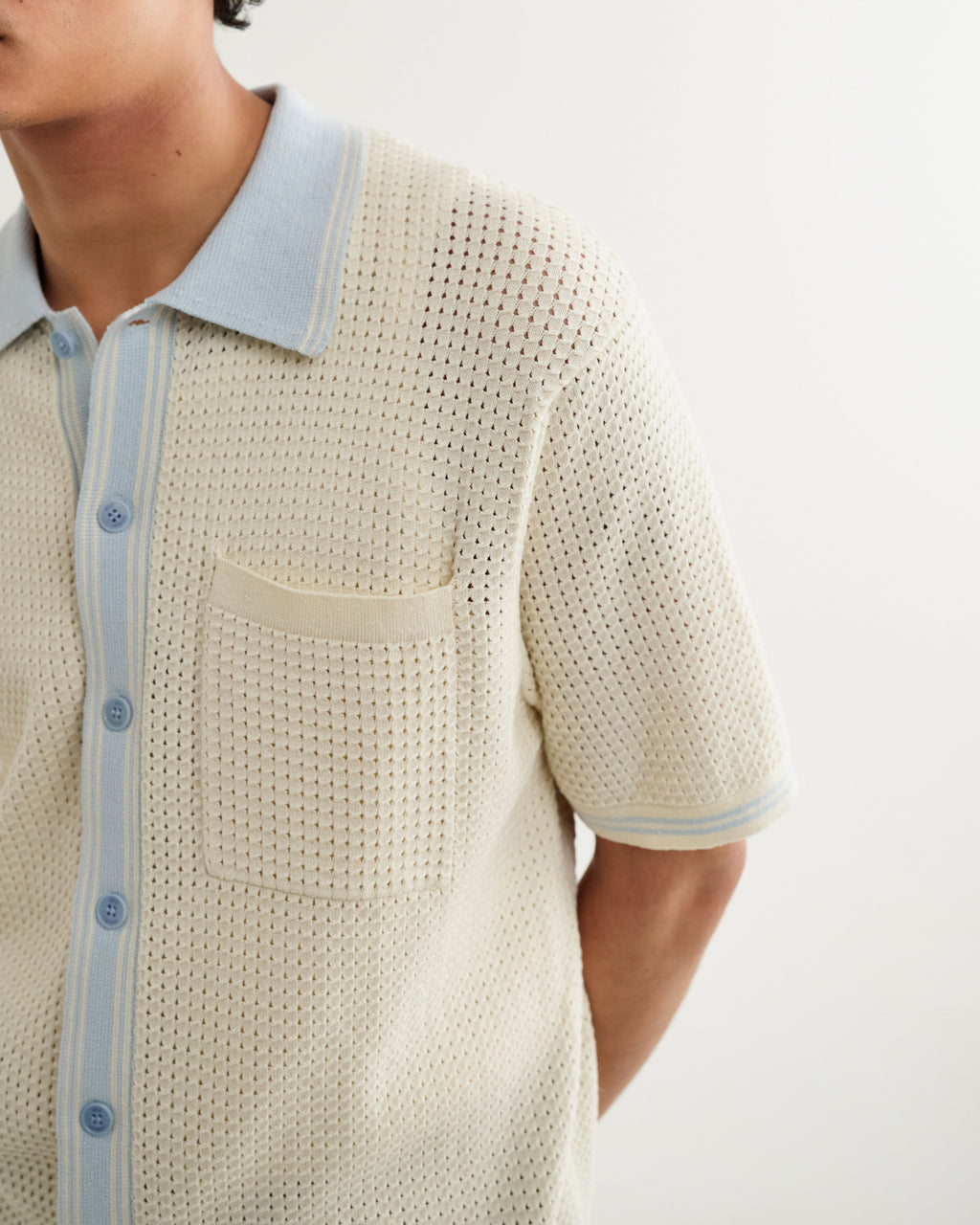 Belle - Ecru Blue Tipped Pointelle Polo Shirt