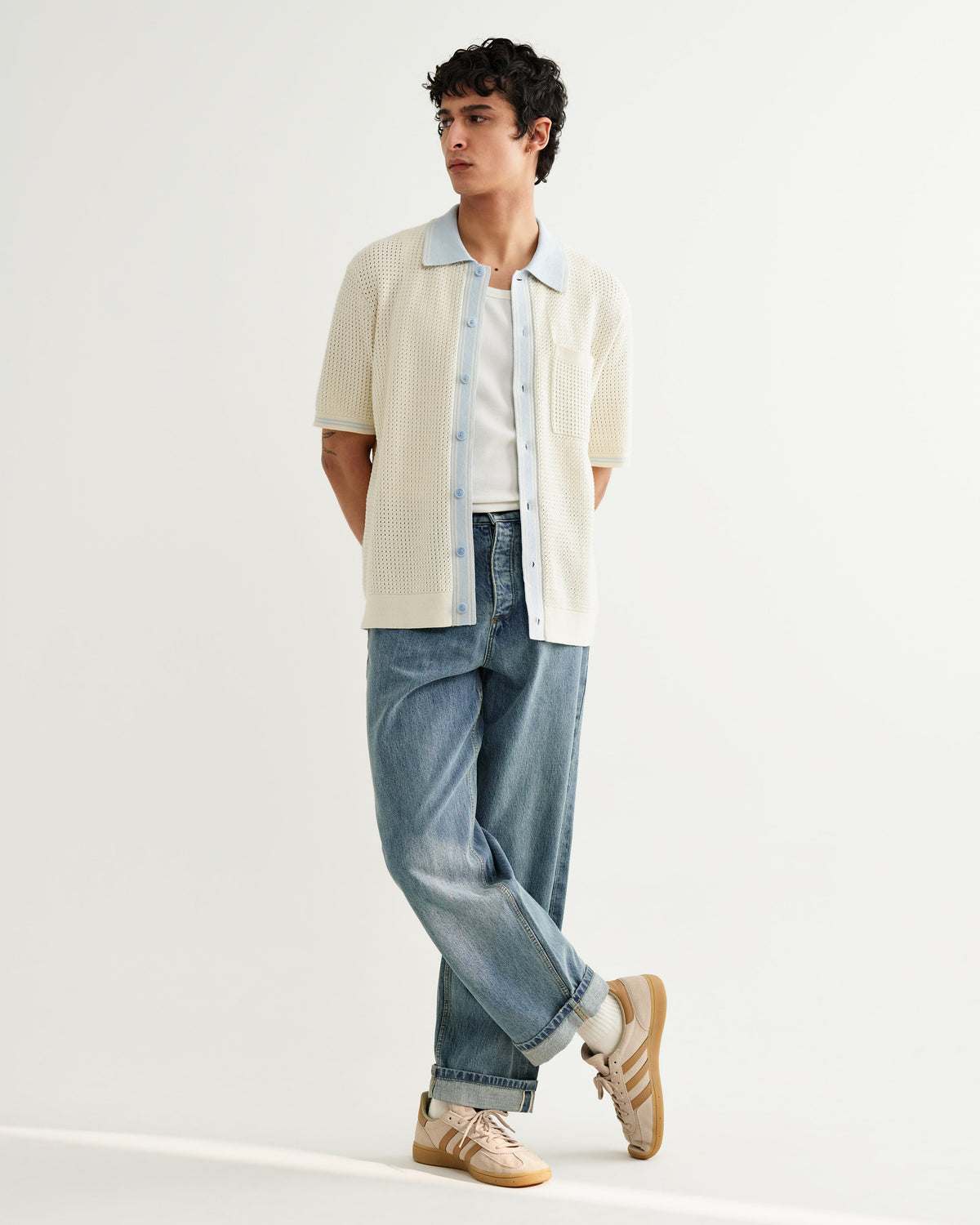 Belle - Ecru Blue Tipped Pointelle Polo Shirt
