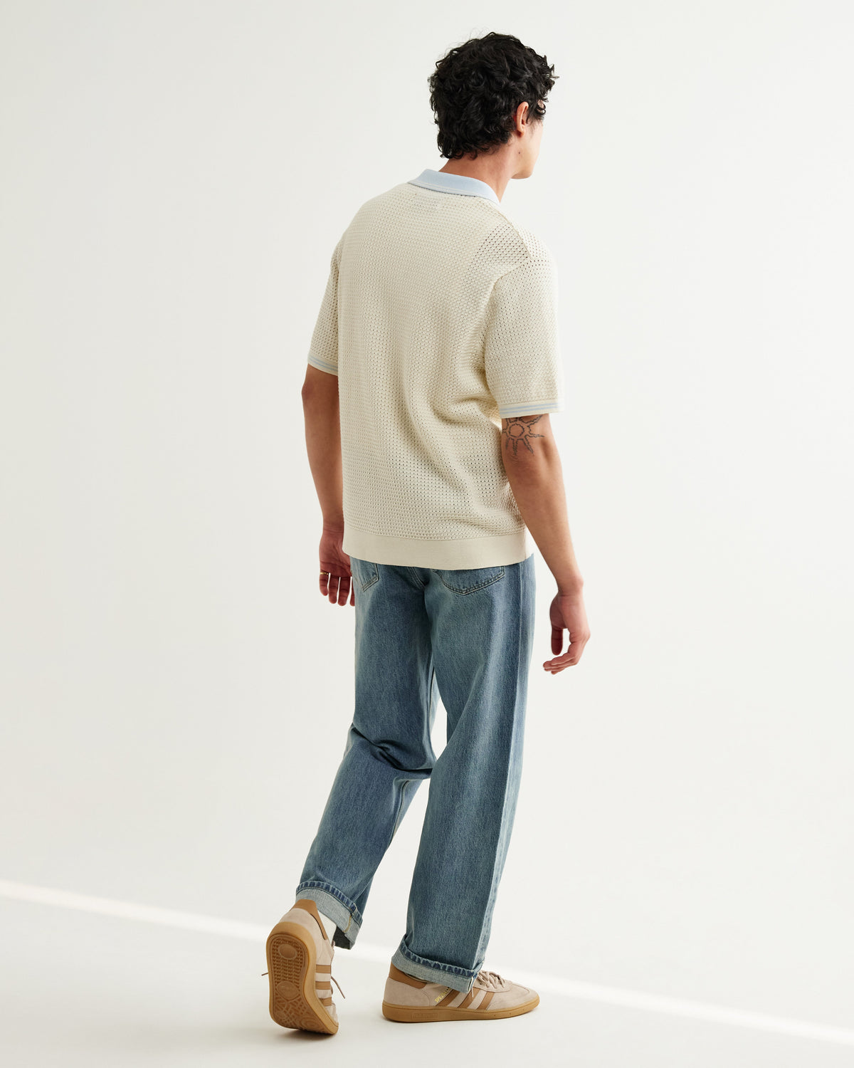 Belle - Ecru Blue Tipped Pointelle Polo Shirt