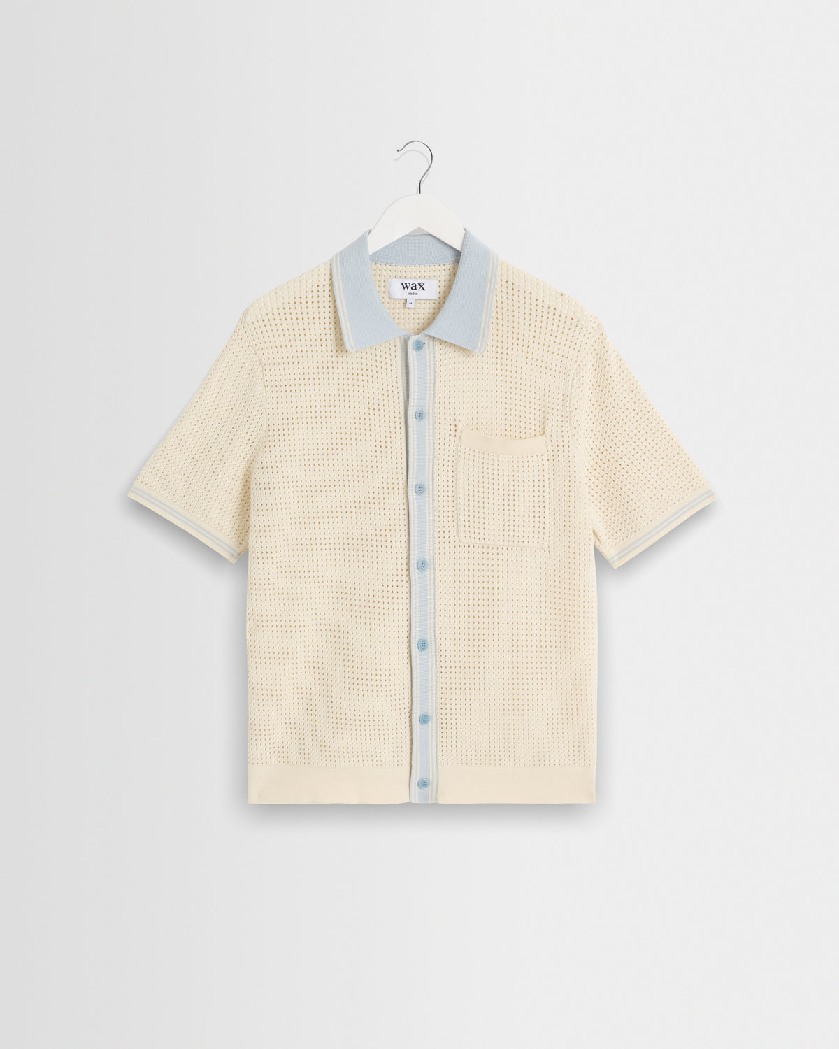 Belle - Ecru Blue Tipped Pointelle Polo Shirt