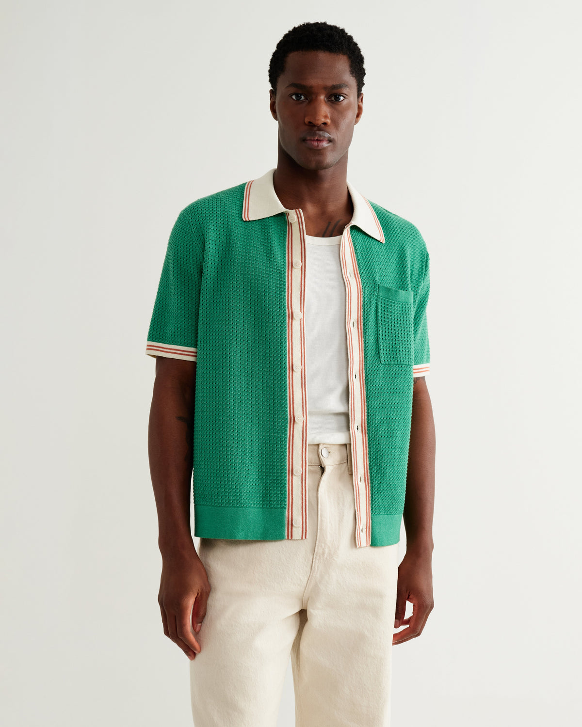 Belle - Green Tipped Pointelle Polo Shirt