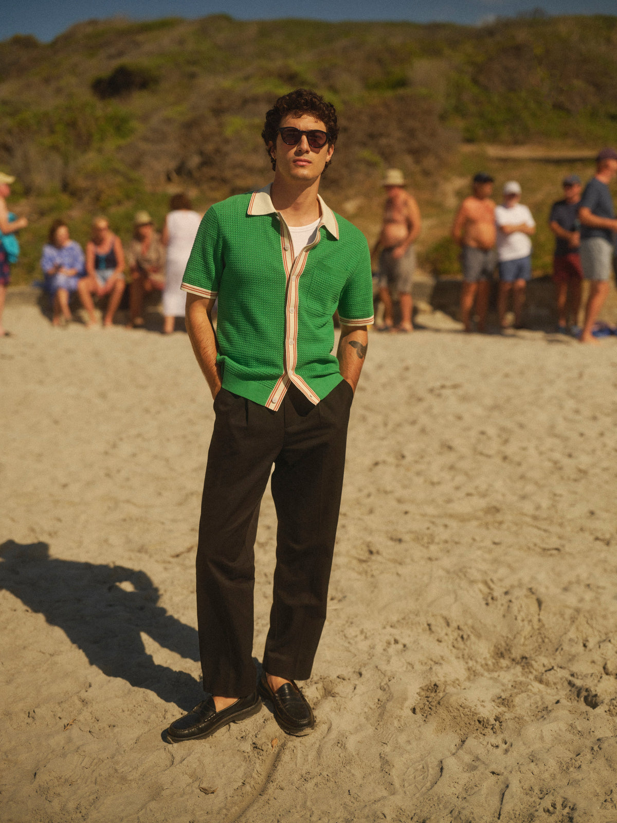 Belle - Green Tipped Pointelle Polo Shirt