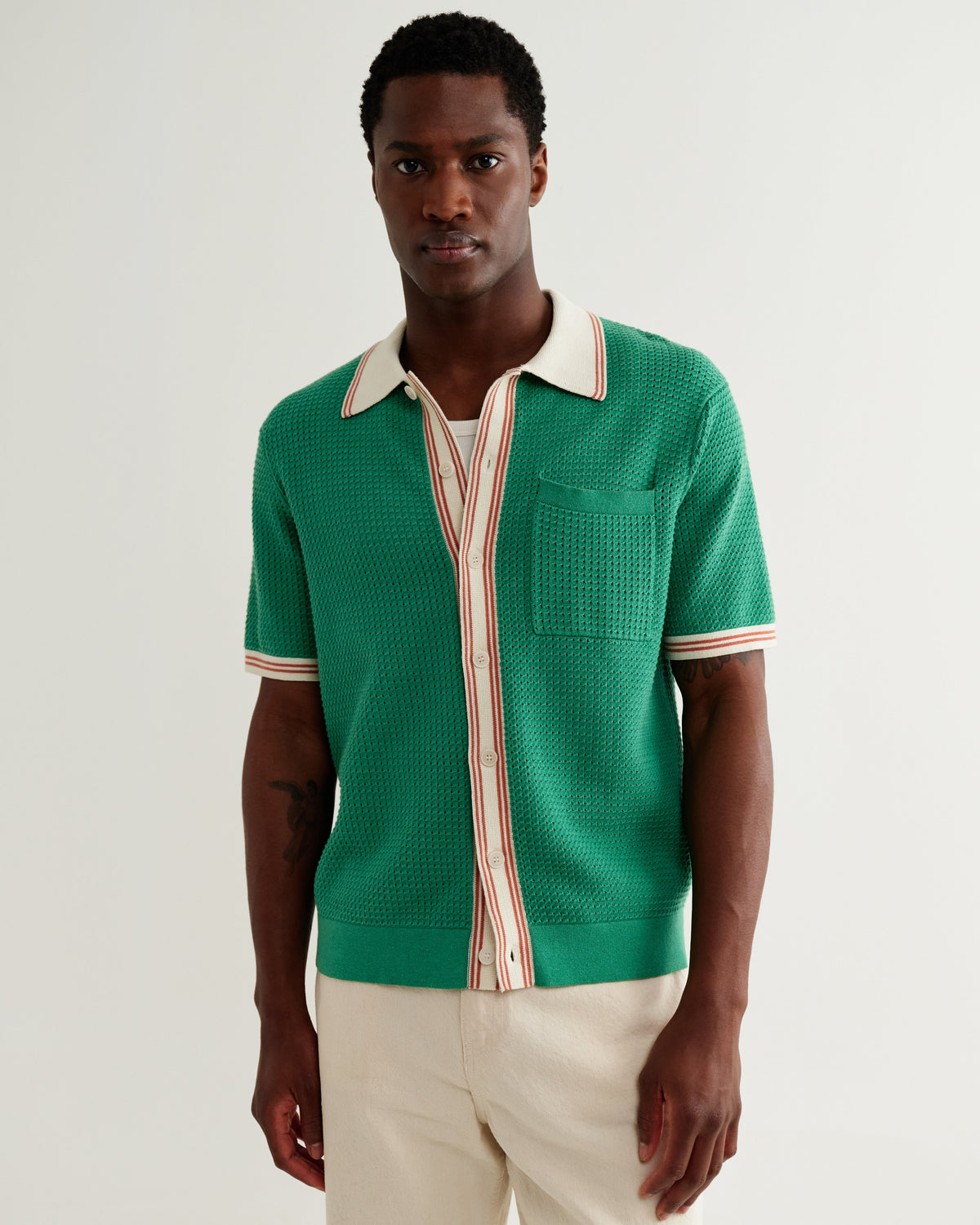 Belle - Green Tipped Pointelle Polo Shirt
