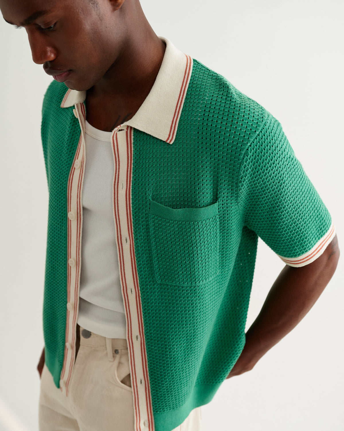 Belle - Green Tipped Pointelle Polo Shirt